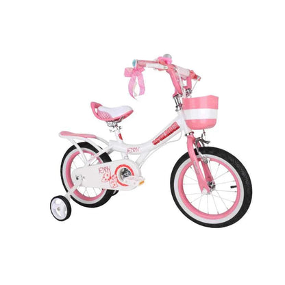 Pink 12-inch bicycle with white frame, front basket, and training wheel