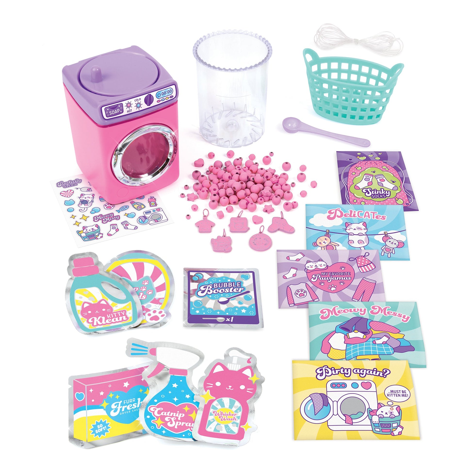 Wash ’N Bead Bracelets kit contents: purple machine, beads, charms, and sticker sheets