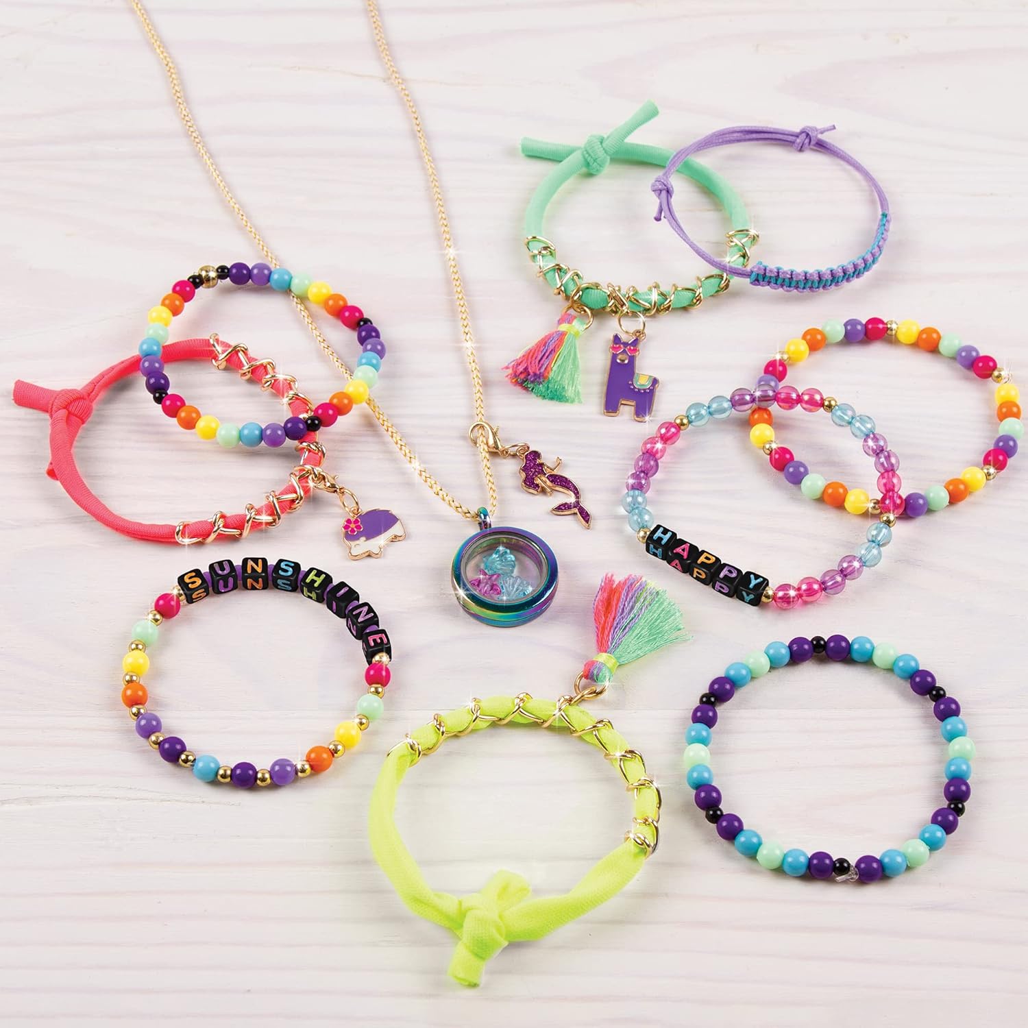 Finished beaded bracelets and necklaces with tassel charms and letter beads