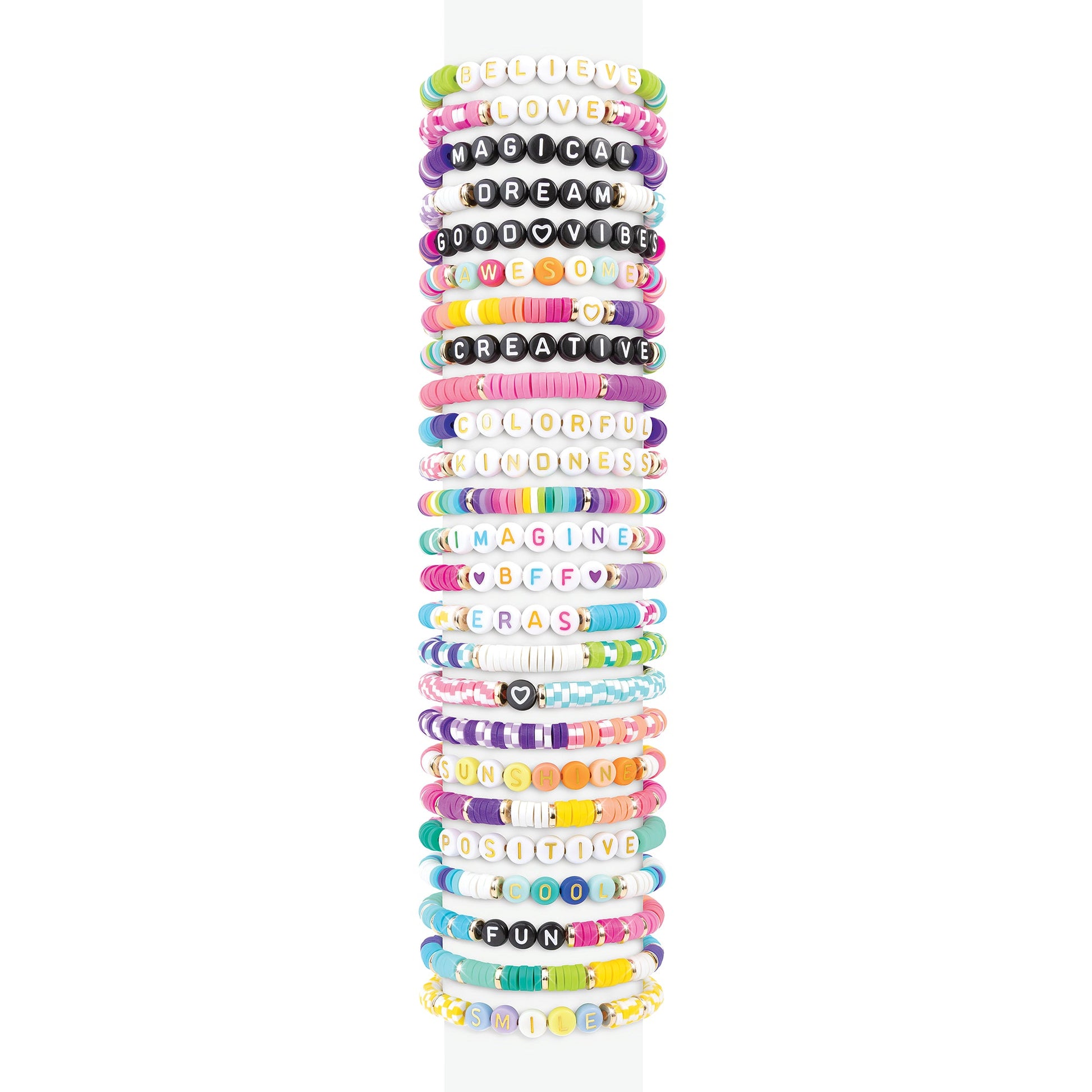 Stack of finished letter bead bracelets with colorful word designs