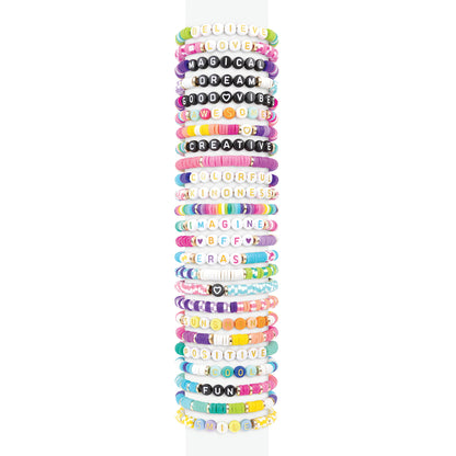 Stack of finished letter bead bracelets with colorful word designs