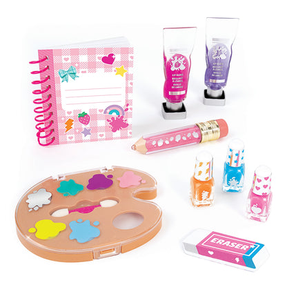 Work of Art Cosmetic Set accessories: lip gloss tubes, pencil, compact palette, eraser