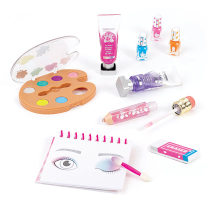Cosmetic set layout: compact palette, lip gloss, shimmer pencil, colored bottles, eraser