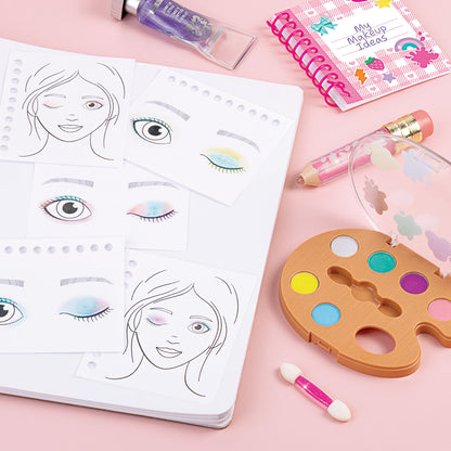 Makeup templates and tools: compact color palette, lip pencil, and cosmetic accessories