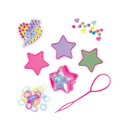 Star-shaped hair styling tools with glitter star piece, hair ties, and colorful beads