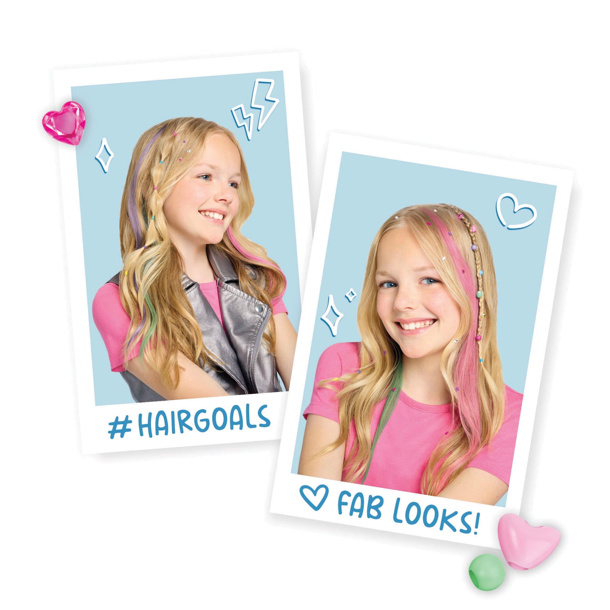Hair styling set cards showing girl with pink star hair streaks and star clips