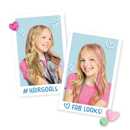 Hair styling set cards showing girl with pink star hair streaks and star clips