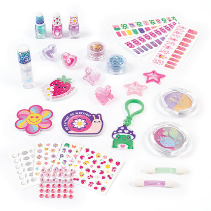 Cosmetic set with lip gloss tubes, nail decals, heart pieces, stickers, and charms