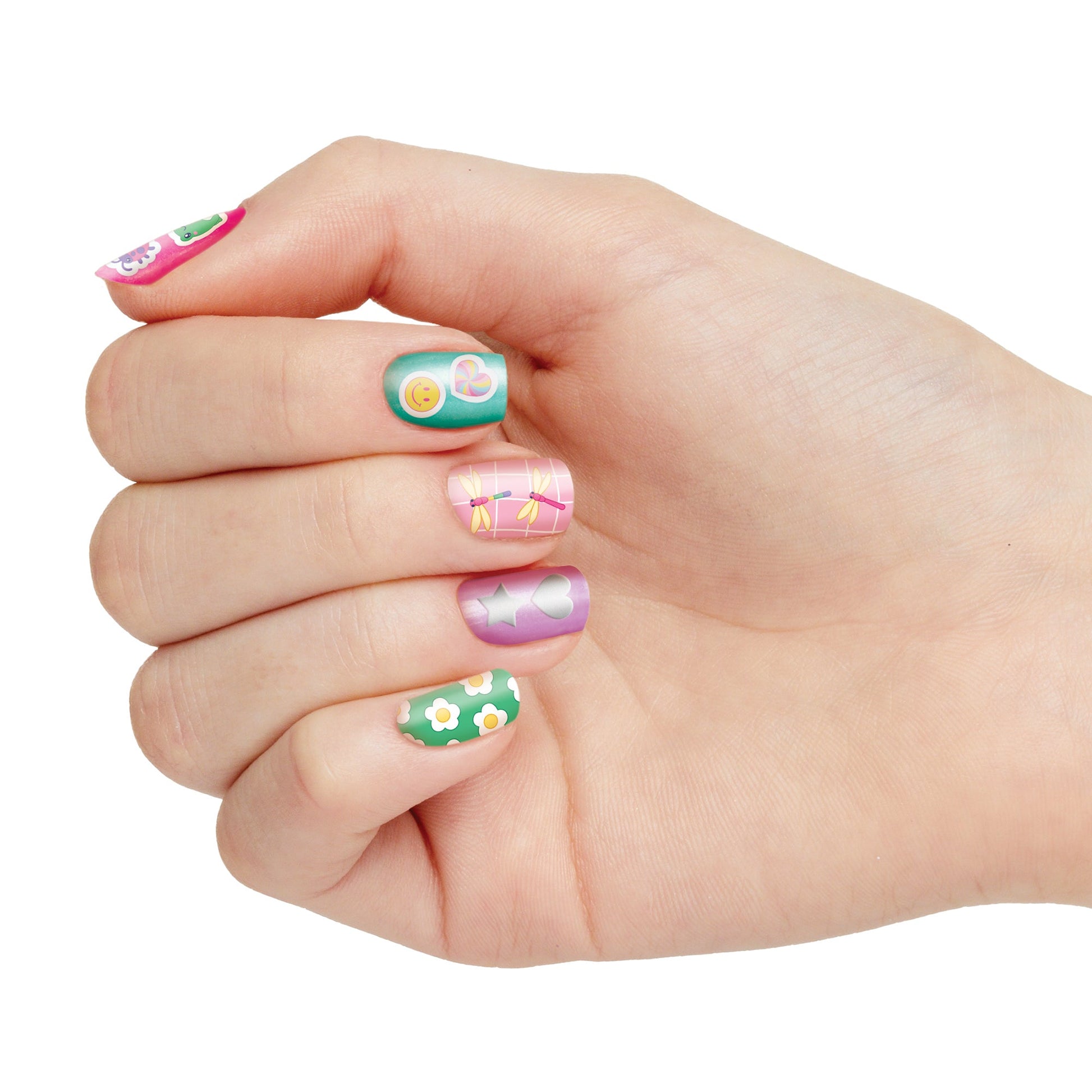 Hand with colorful nail art: teal, pink, green flowers, stars, and heart details