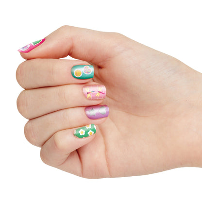 Hand with colorful nail art: teal, pink, green flowers, stars, and heart details