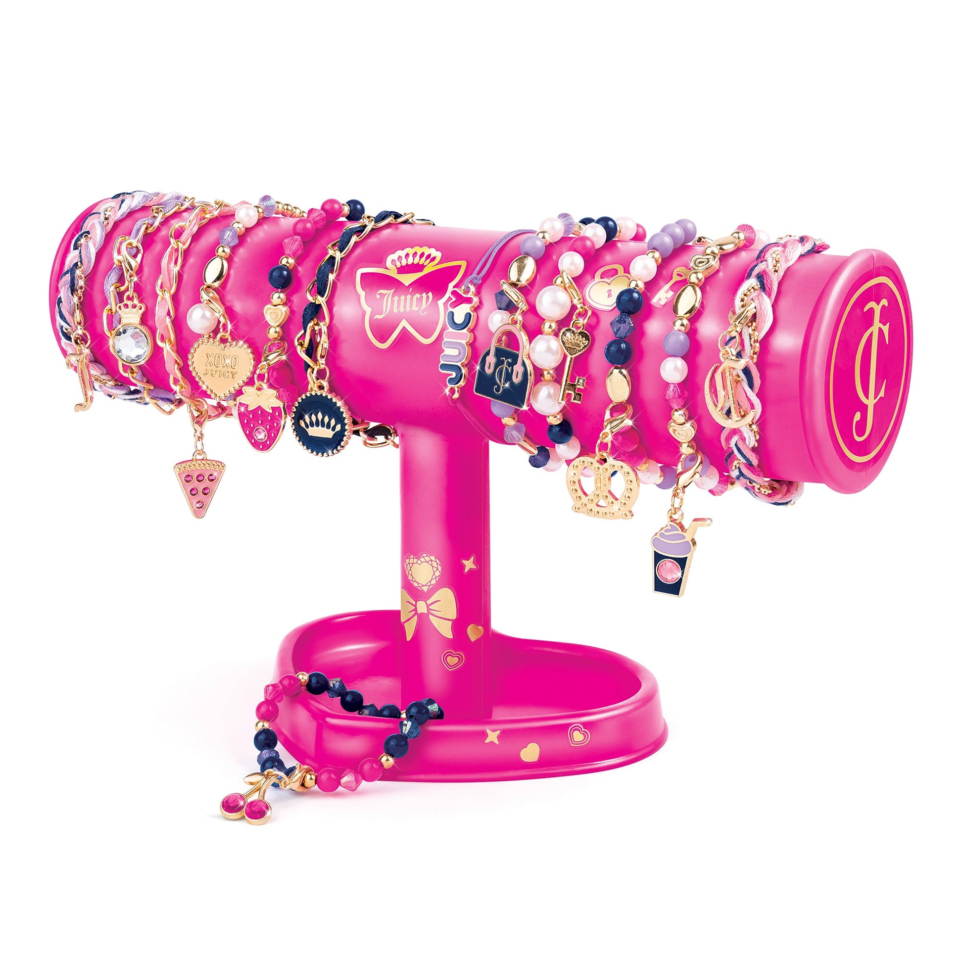 Pink display stand with multiple charm bracelets and dangling pendants.