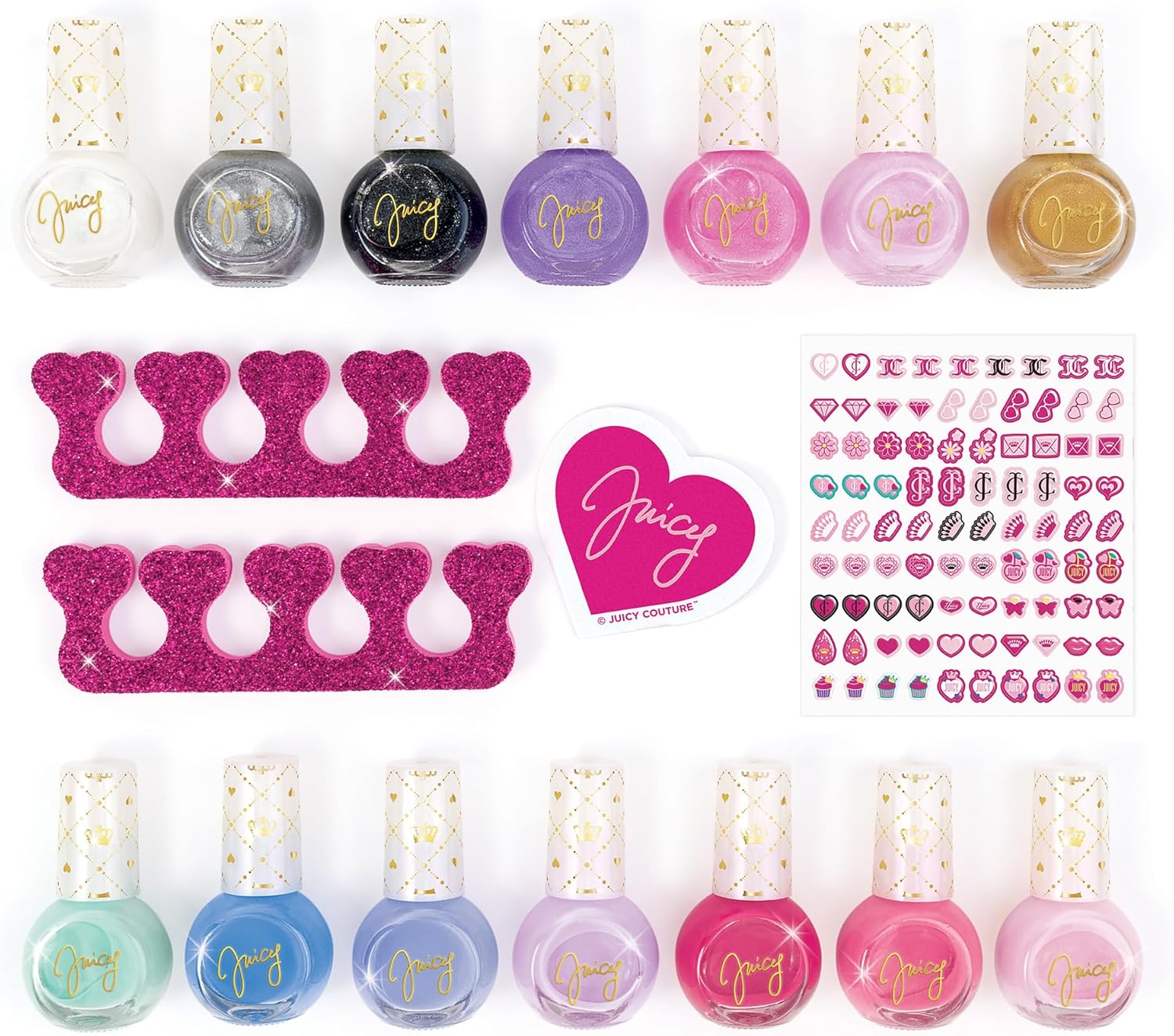 Juicy Couture nail polish bottles with glitter heart stickers and design sticker sheet
