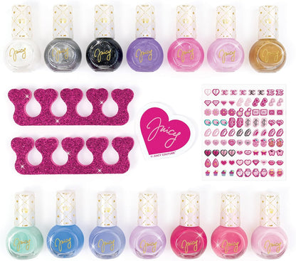 Juicy Couture nail polish bottles with glitter heart stickers and design sticker sheet