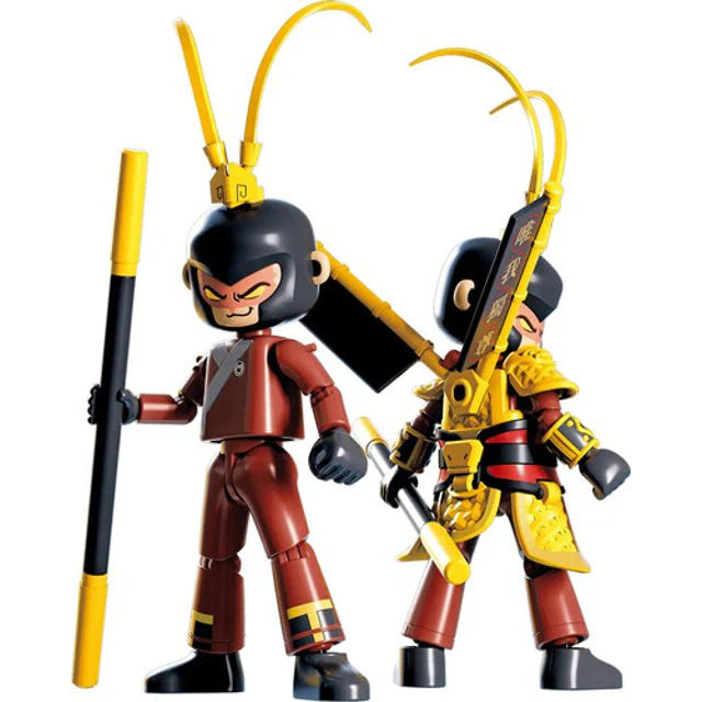 Two HeroSpire Wukong figures, black helmets with red suits and gold weapons