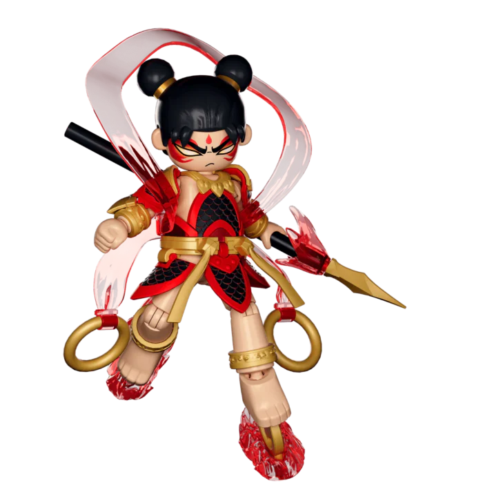 NeZha figure side view, red/black/gold armor, holding black weapon, winged halo