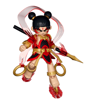 NeZha figure side view, red/black/gold armor, holding black weapon, winged halo