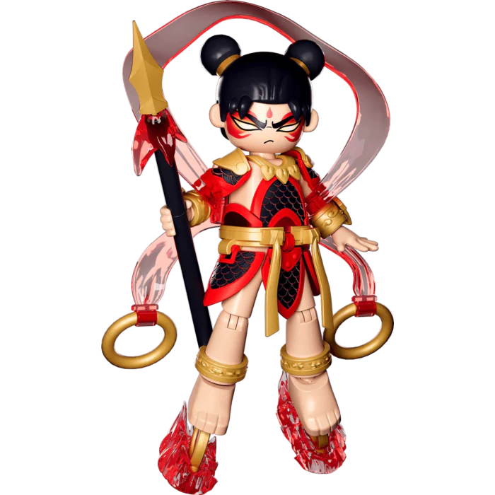 NeZha mythical action figure, red/black/gold outfit, red winged halo, sword