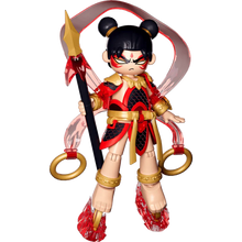 NeZha mythical action figure, red/black/gold outfit, red winged halo, sword