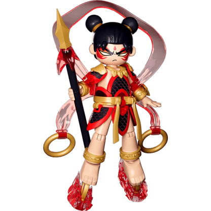 NeZha mythical action figure, red/black/gold outfit, red winged halo, sword