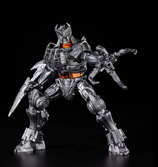 Scourge CC3 robot action figure, dark gray armor with orange chest and glowing details
