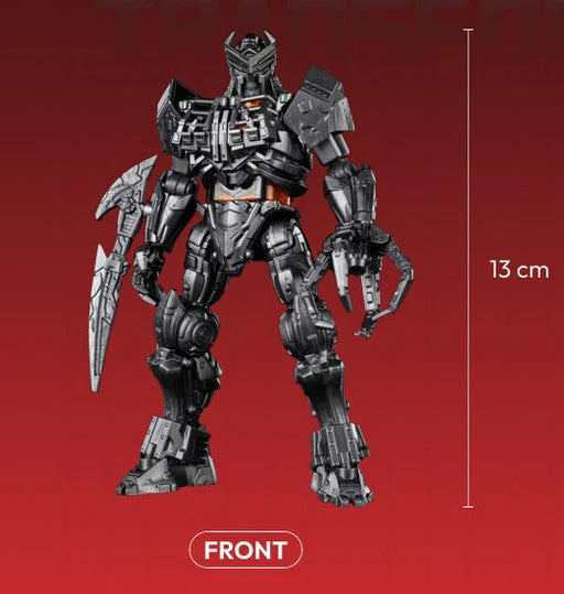 Scourge CC3 front view robot figure, dark gray armor, orange chest, size 13 cm