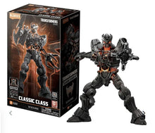 Transformers Scourge CC3 figure in box, dark gray armored robot with orange accents