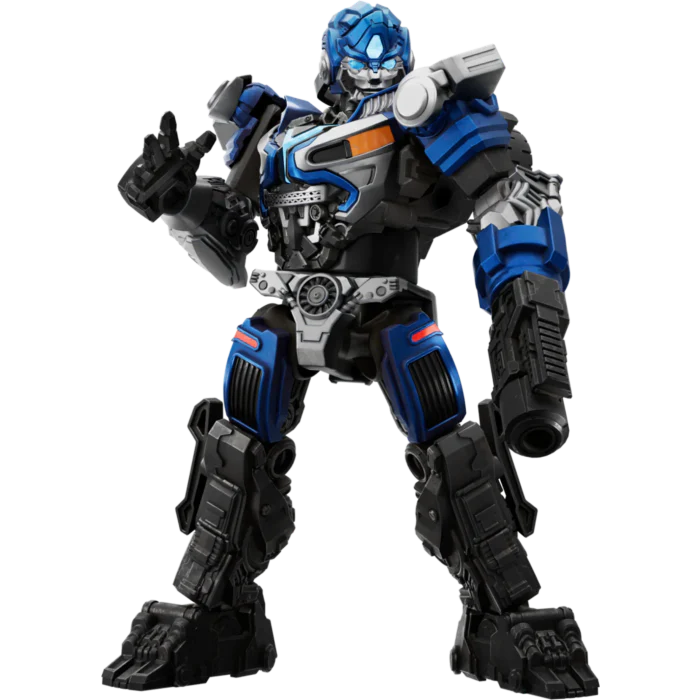 Blaue und schwarze Mirage CC3 Roboter-Baufigur mit erhobenen Armen und rundem Brustteil