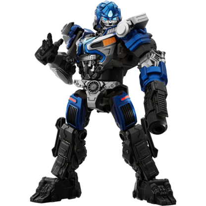 Blaue und schwarze Mirage CC3 Roboter-Baufigur mit erhobenen Armen und rundem Brustteil