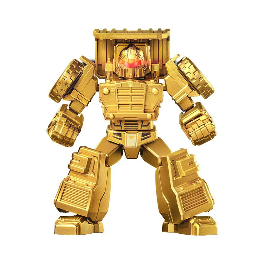 Gold robot figure with open chest cockpit and mechanical arms, front view