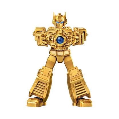 Gold Transformer robot figure with blue chest core and arm cannons, standing