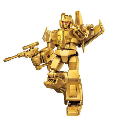 Gold armored robot figure holding twin guns and aiming, action pose