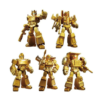 Golden Transformer robot toy figure in multiple poses, detailed armored plating
