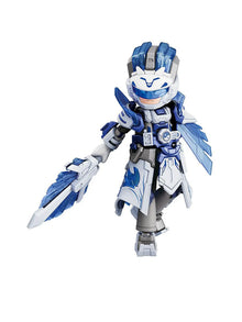 Blokees Hero Zhugeliang action figure in blue and white armor, holding a large sword
