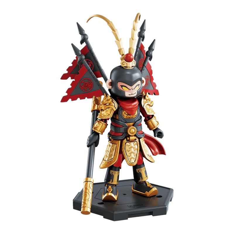 Monkey King pose action figure with horn-like headpiece, black axes and red back panel