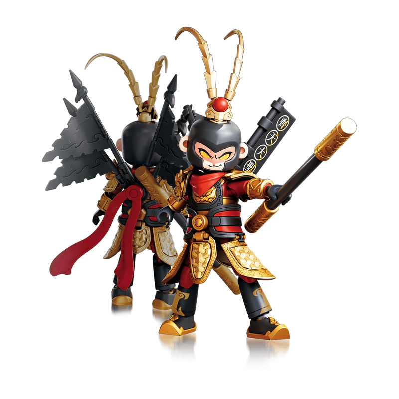 Monkey King action figure raising staff, black-and-gold suit with red accents