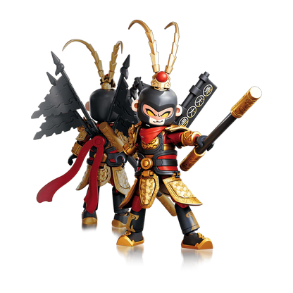 Monkey King action figure raising staff, black-and-gold suit with red accents