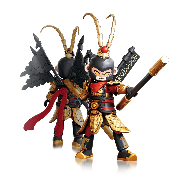 Monkey-king style figure with red cape, black armor, gold horns, and multiple swords on back