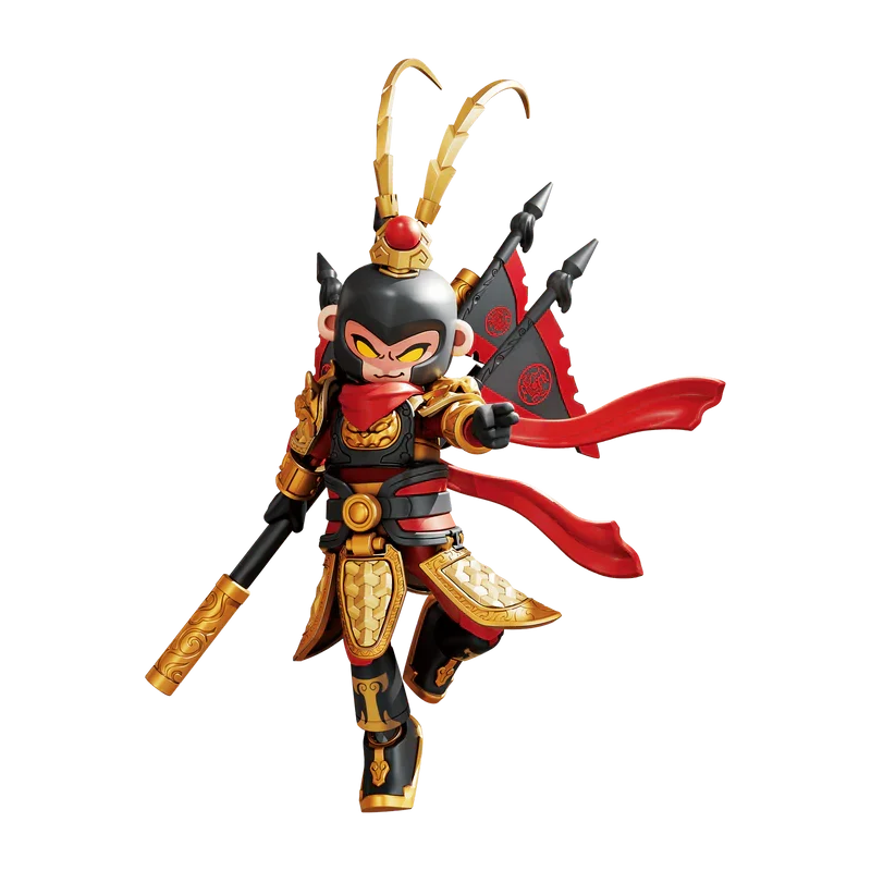 Monkey-king style figure in red cape and black armor, gold horns, holding dual blades