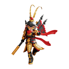 Monkey-king style figure in red cape and black armor, gold horns, holding dual blades