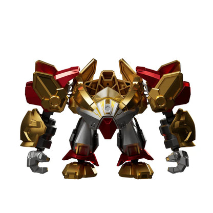 Gold, gray and red armored robot figure with spread arms and hex core