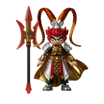 Red-haired armored hero figure with gold cape and dark staff accessory