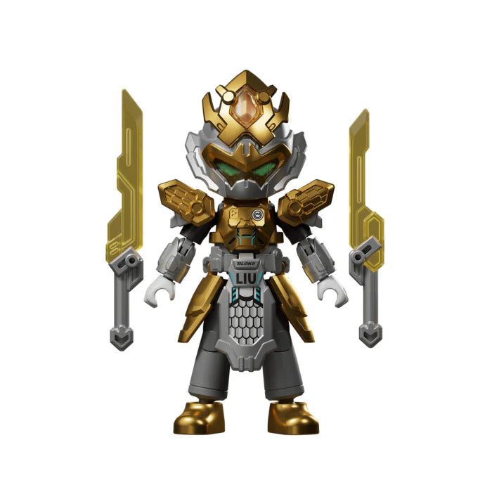 Front view armored robot minifigure with crown helmet, gold accents, two blade weapons