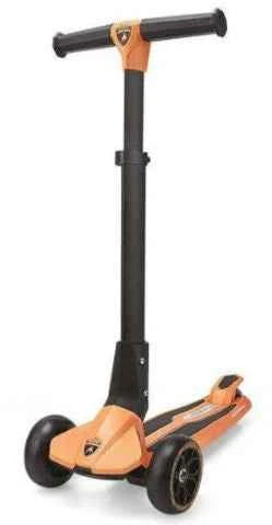 Foldable scooter with orange grip bars, black stem and wheels