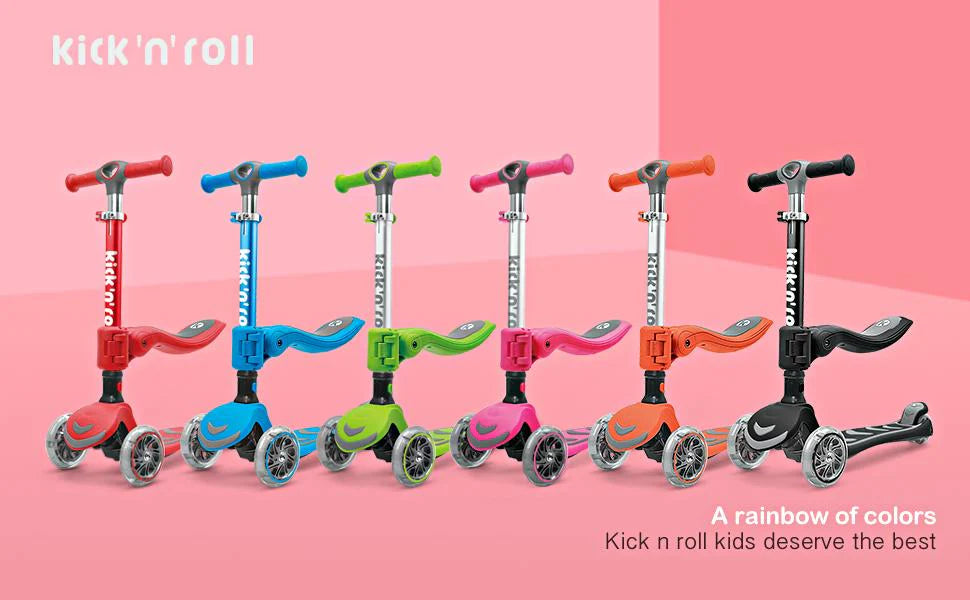 Set of colorful foldable 2-in-1 kids scooters, multiple deck colors and handlebars