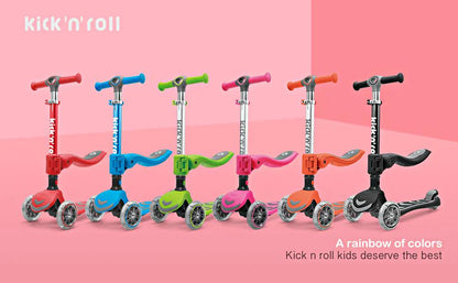 Set of colorful foldable 2-in-1 kids scooters, multiple deck colors and handlebars