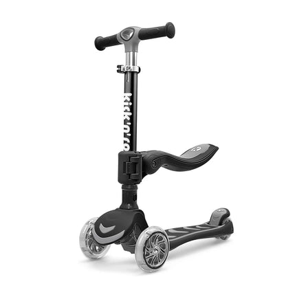 Foldable 2-in-1 kids scooter, black frame with gray wheels and black handlebar grips