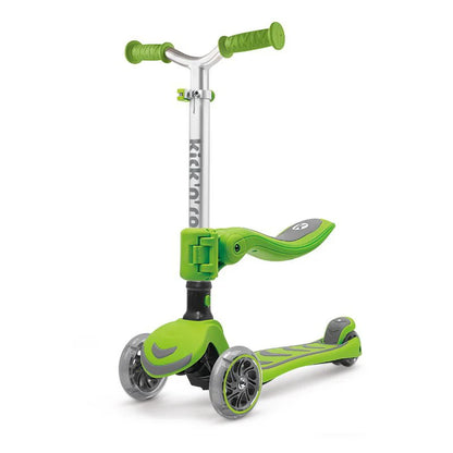 Foldable 2-in-1 kids scooter, green frame with gray wheels and green handlebar grips