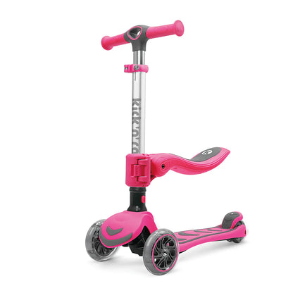 Foldable 2-in-1 kids scooter, pink frame with gray wheels and pink handlebar grips