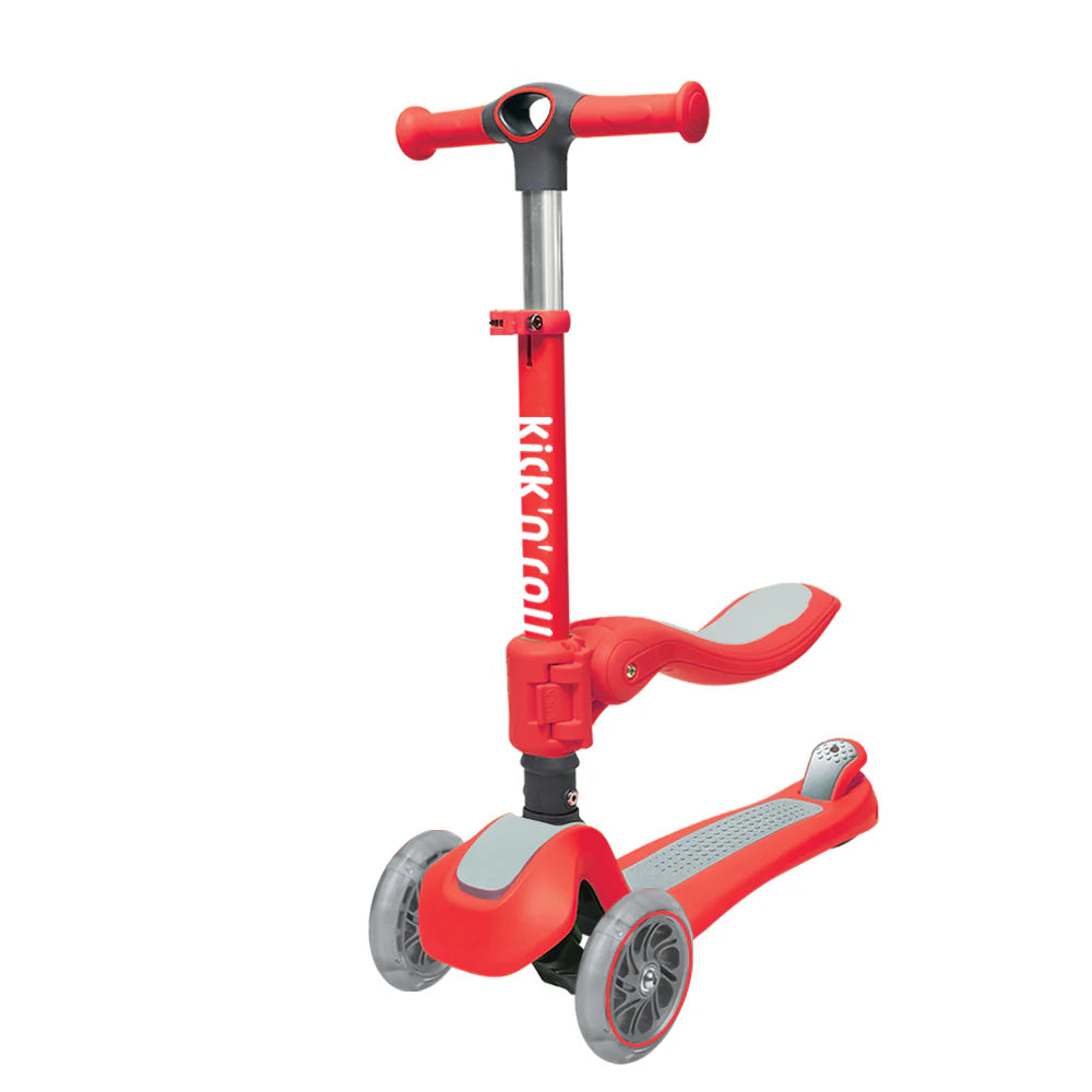 Foldable 2-in-1 kids scooter, red frame with gray wheels and red handlebar grips