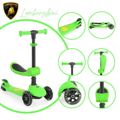 Kicknroll Lamborghini License 2 IN 1 Foldable Kick Sccoter with Glowing Deck and Flash Wheels-GREEN kick scooter for kids — outdoor folding scooter available in Lebanon